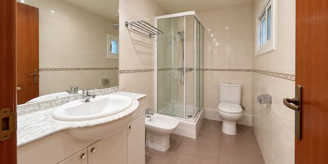 Baño moderno amplio con espejo y ducha