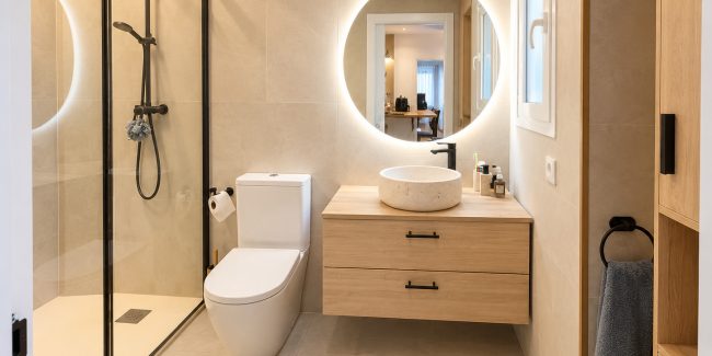 Baño moderno con espejo iluminado