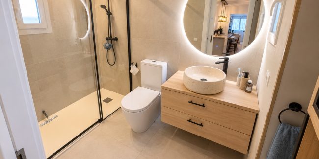Baño moderno visto desde la entrada