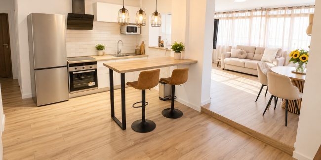 Cocina escandinava con salón luminoso