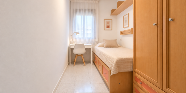 Dormitorio-estudio minimalista con cama y escritorio