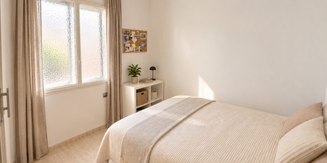 Dormitorio minimalista en tonos cálidos (1)