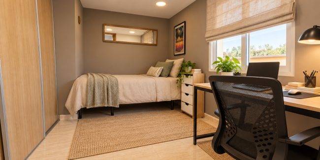 Dormitorio nórdico acogedor con escritorio