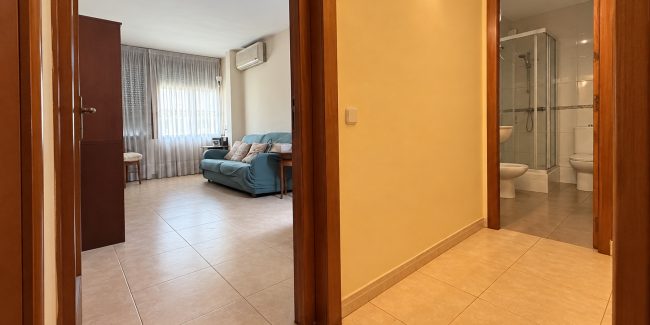 Pasillo acogedor con salón y baño