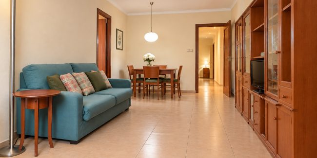 Salón comedor cálido con sofá verde azulado