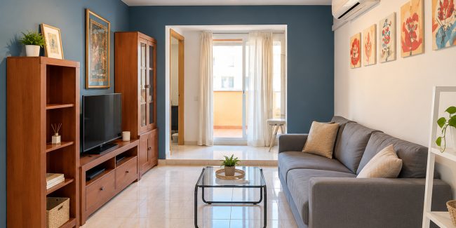 Salón moderno con pared azul y terraza