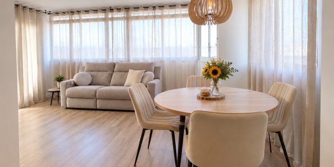 Salón nórdico con comedor luminoso