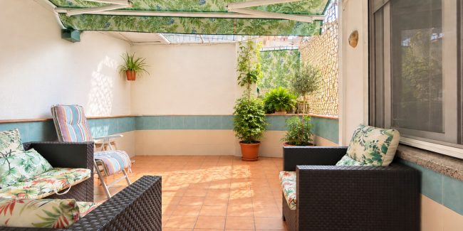 Terraza mediterránea soleada con plantas y mimbre